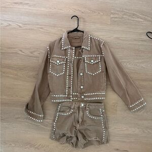 Blank NYC Tan Pearl-Stud Denim Jacket & Shorts Set